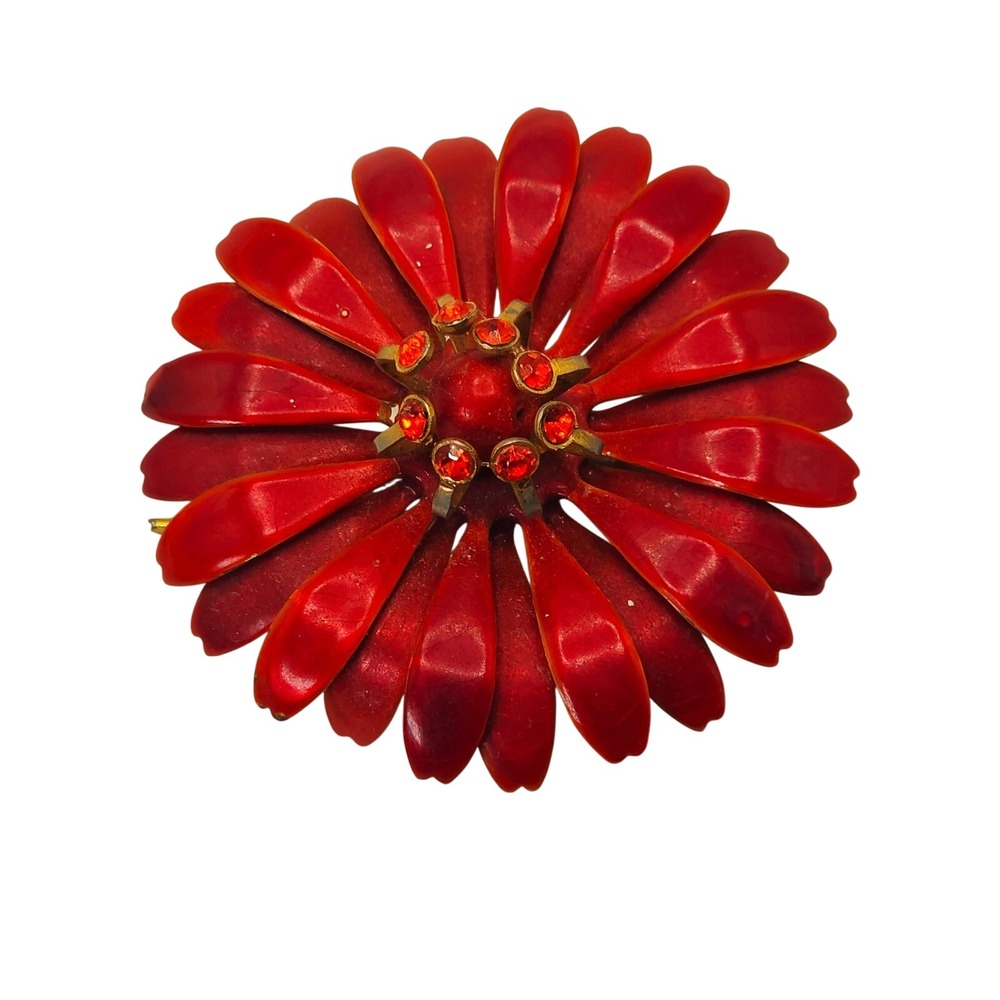 Vintage Red Enamel Flower Brooch Rhinestone Center Gold Tone Daisy Pin 2"